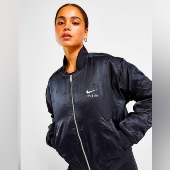 Nike Women’s Black Bomber Shine Satin Jacket Air Logo Full Zip R$140 Size XXL - Picture 2 of 5